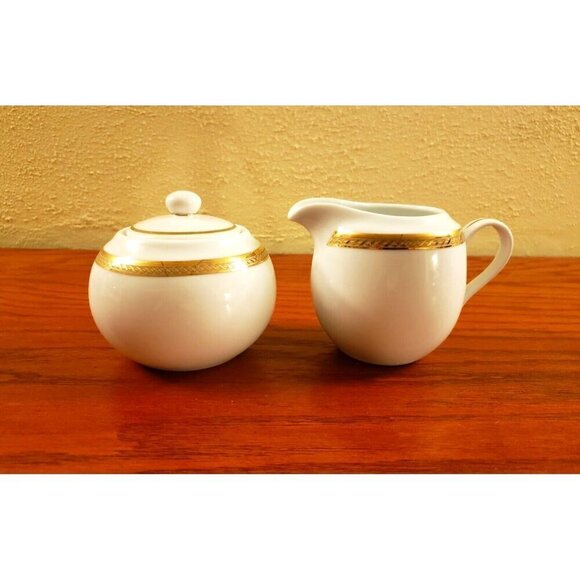 Vintage Gorham Sugar Bowl and Creamer Set Warwick Gold White Gold Trim With Lid - Picture 1 of 6